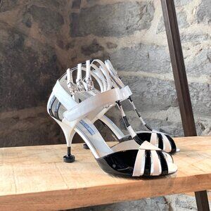 Prada Black White Multi Ankle Straps Sandals